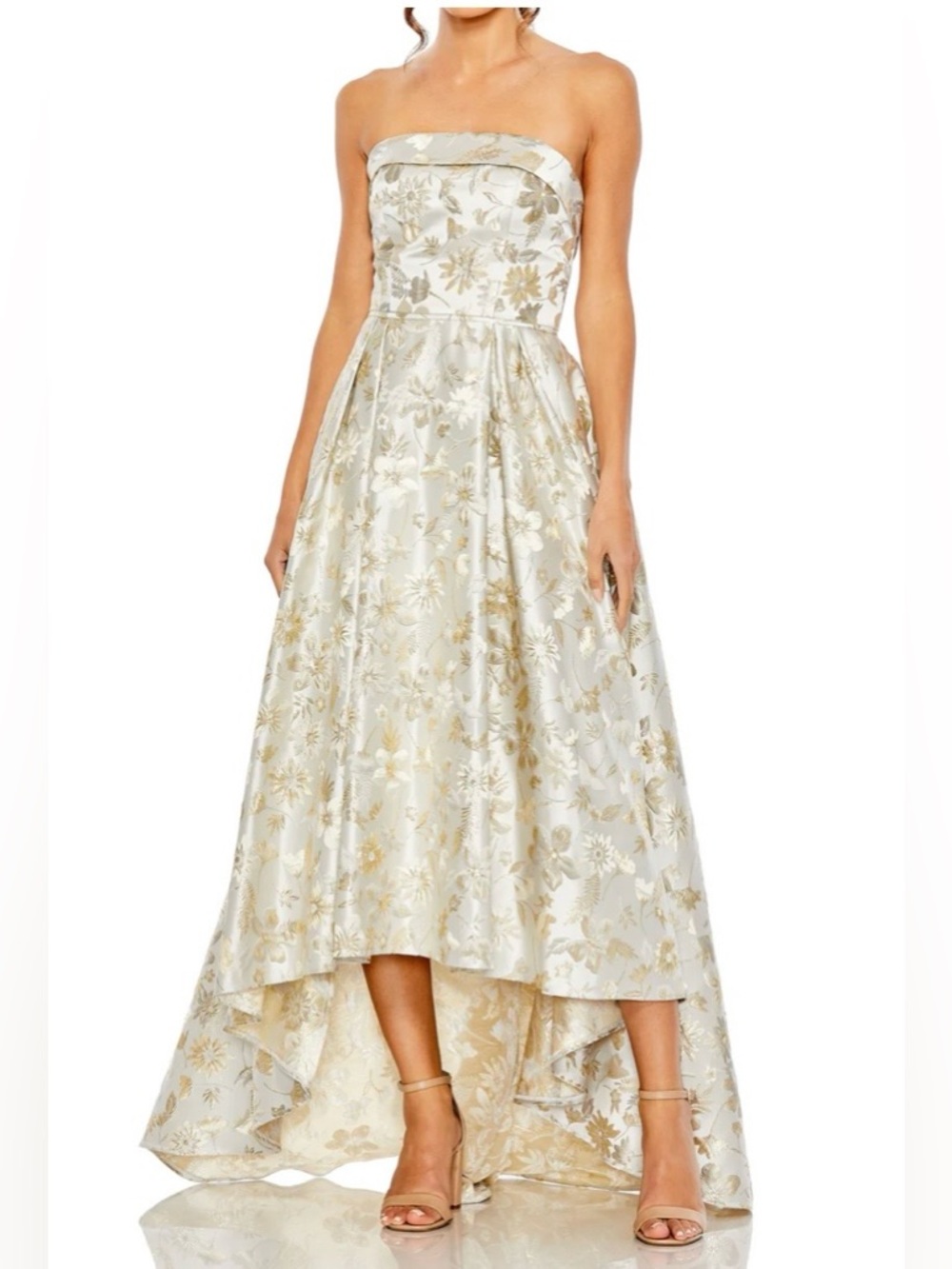 Ieena forMac Duggal Strapless Gold and Ivory Floral High-Low Dress size 14